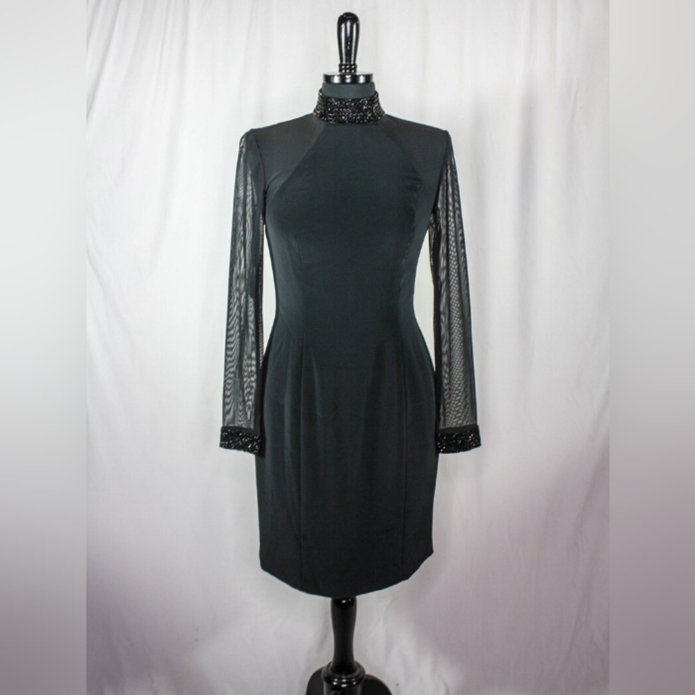 Vintage Oleg Cassini Black Tie Dress Beaded High Collar Cuffs Sheer Back Arms Re